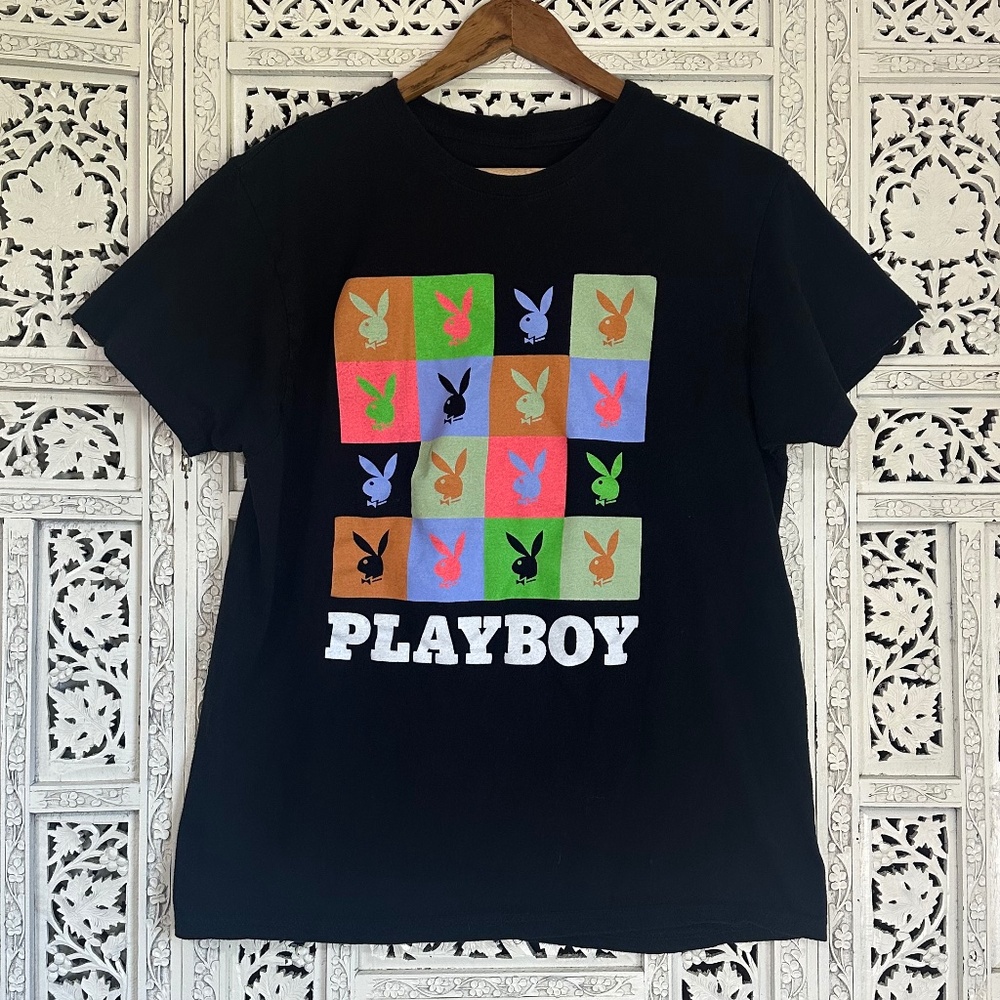 Playboy Bunny Logo Colorful Black Graphic T Shirt Sz‎ Large